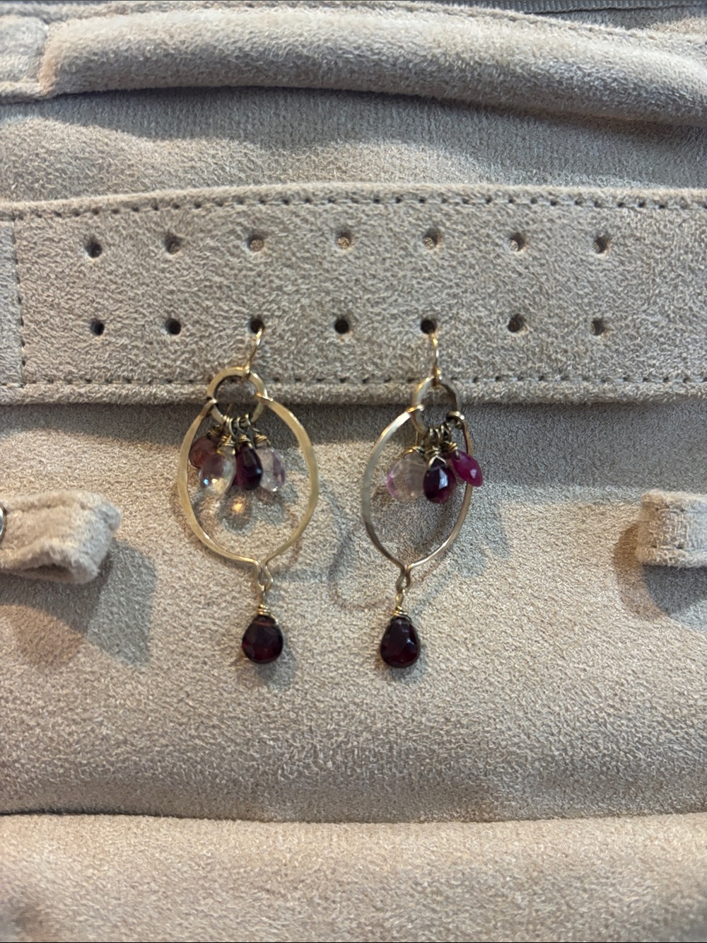 Gold Hoop Drop Earrings with Garnet Toned and Pink Gem Accents